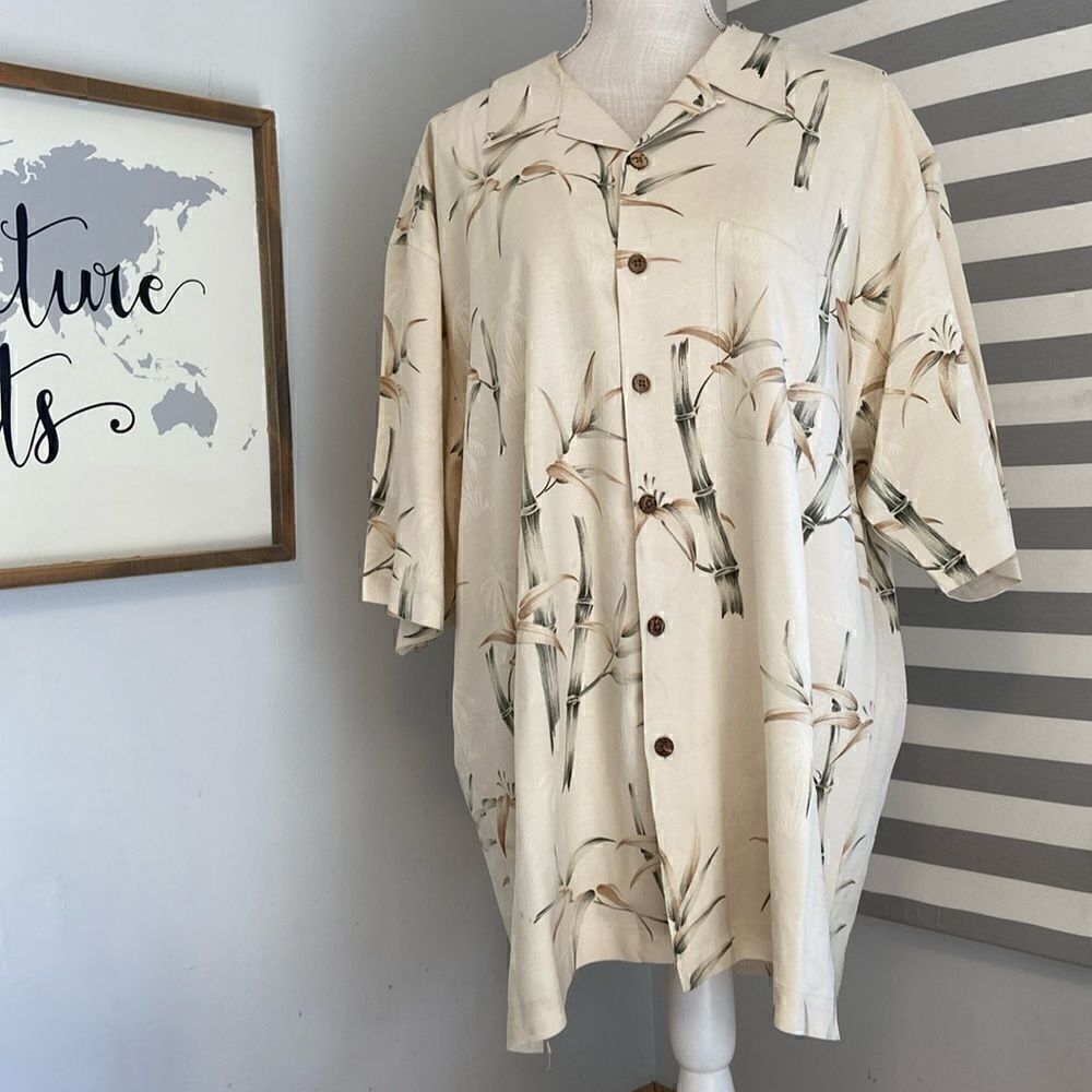 Joseph & Feiss Cream Foliage Leaf Print 100% Silk Button Up Shirt Size XXL